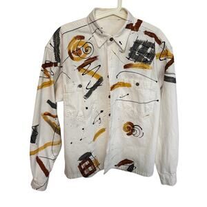 Vintage Hand Painted Shirt Denim Abstract Shaket Art White 80s Funky Festival